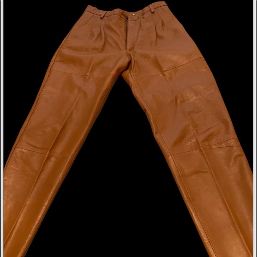- BAGAZIO Leather Vintage camel color pants 34 x33 un hemmed for perfect s…